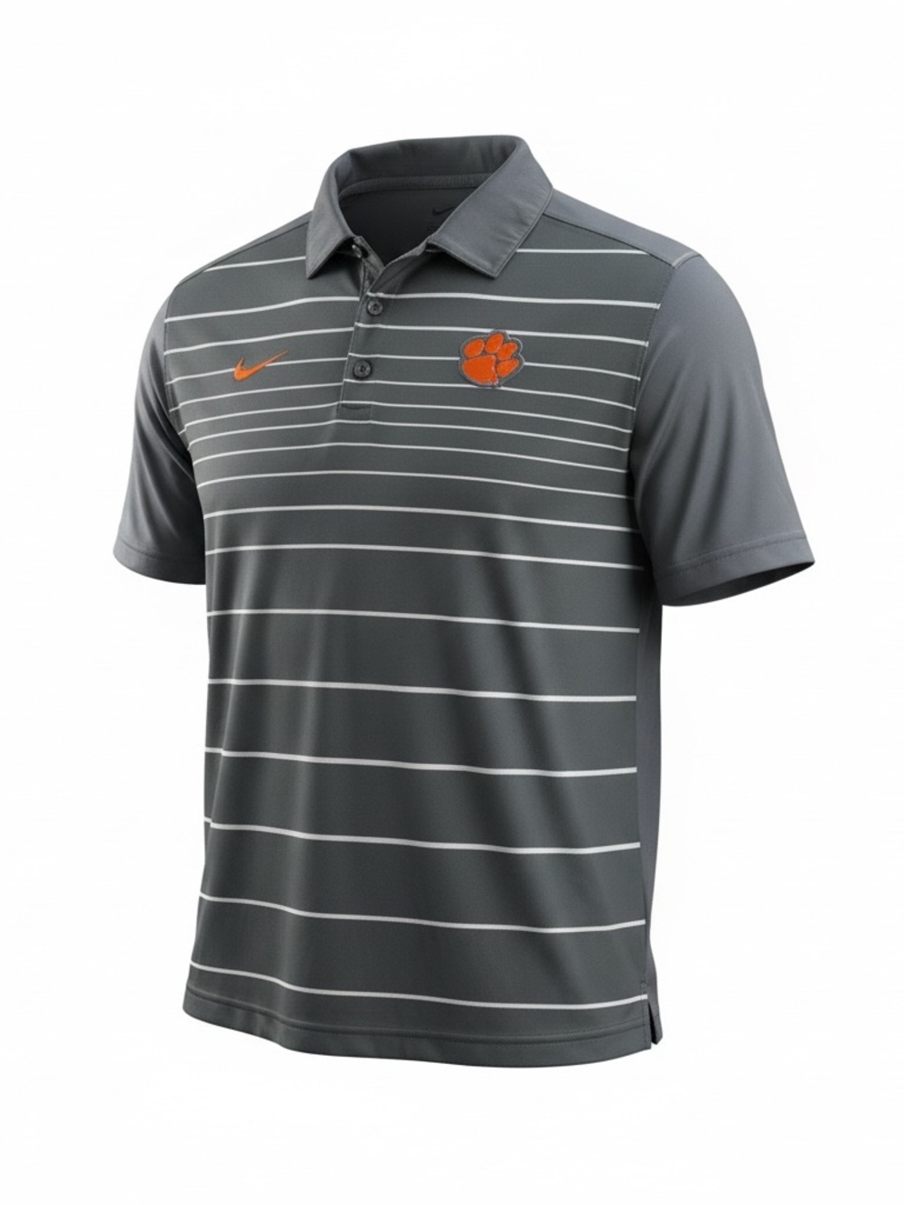 Nike Men’s Dark Gray Striped Polo with Orange Tiger Paw and Swoosh Accents